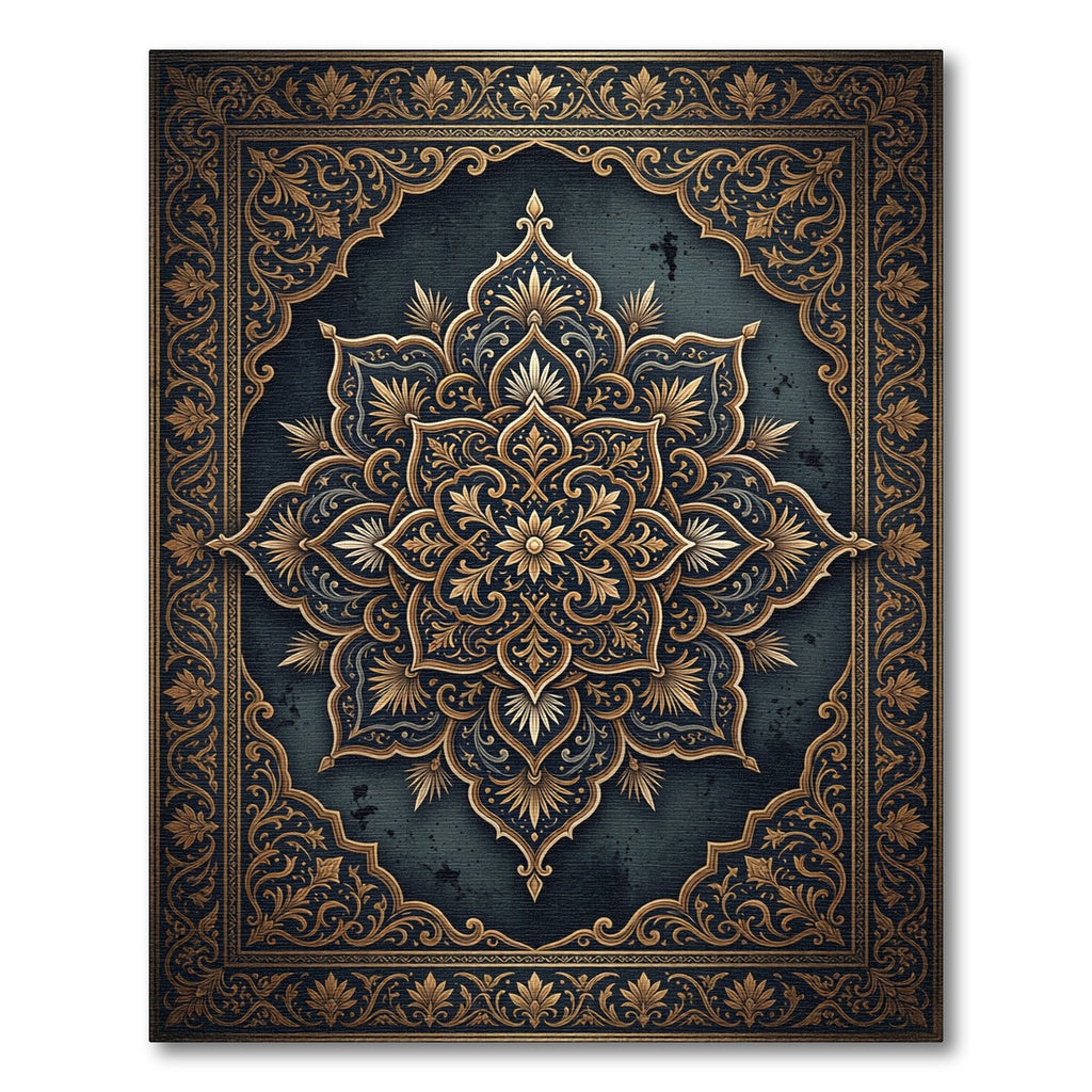 Ornate Gold Floral Medallion Charcoal Backdrop Rug