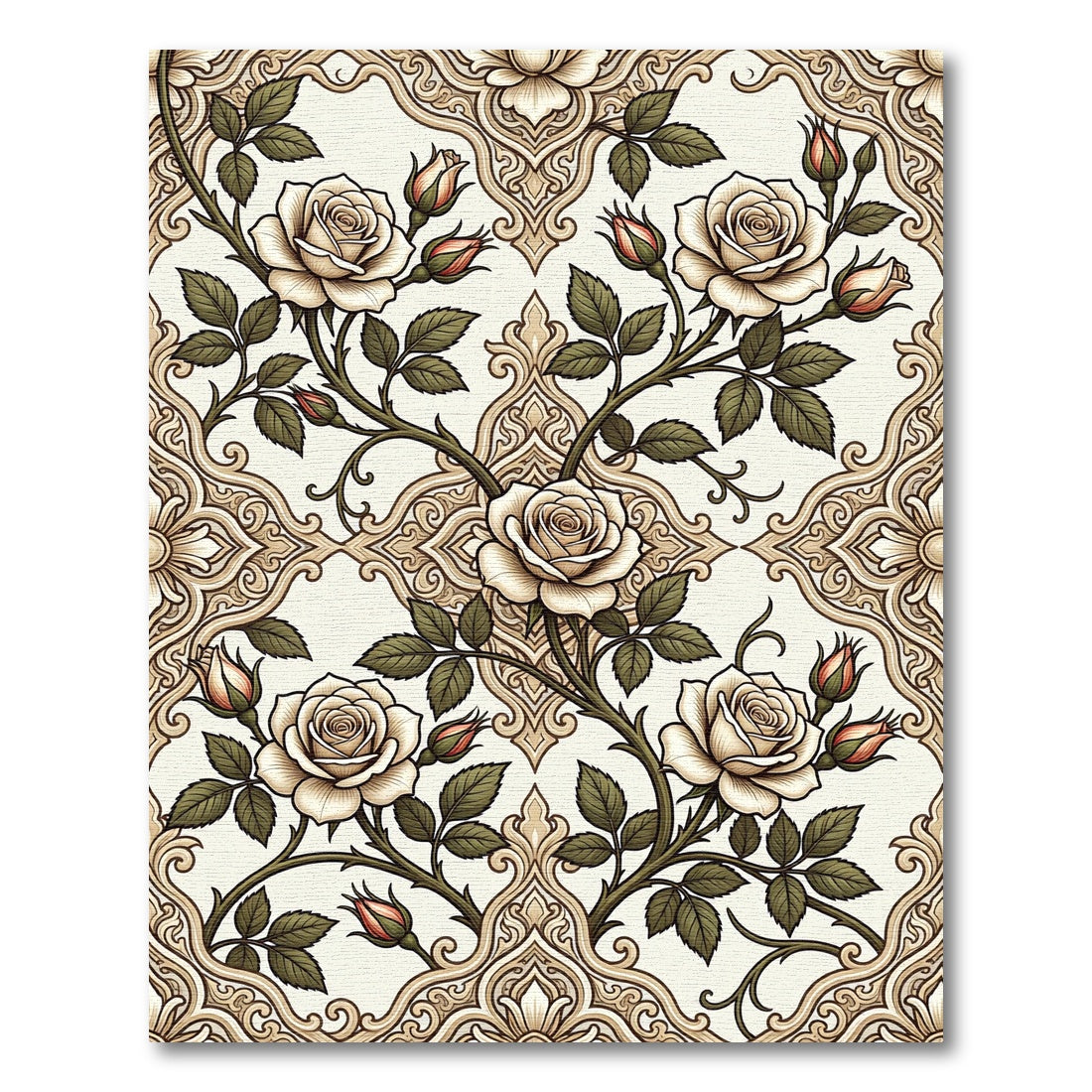 Elegant Cream Rose Floral Damask Rug