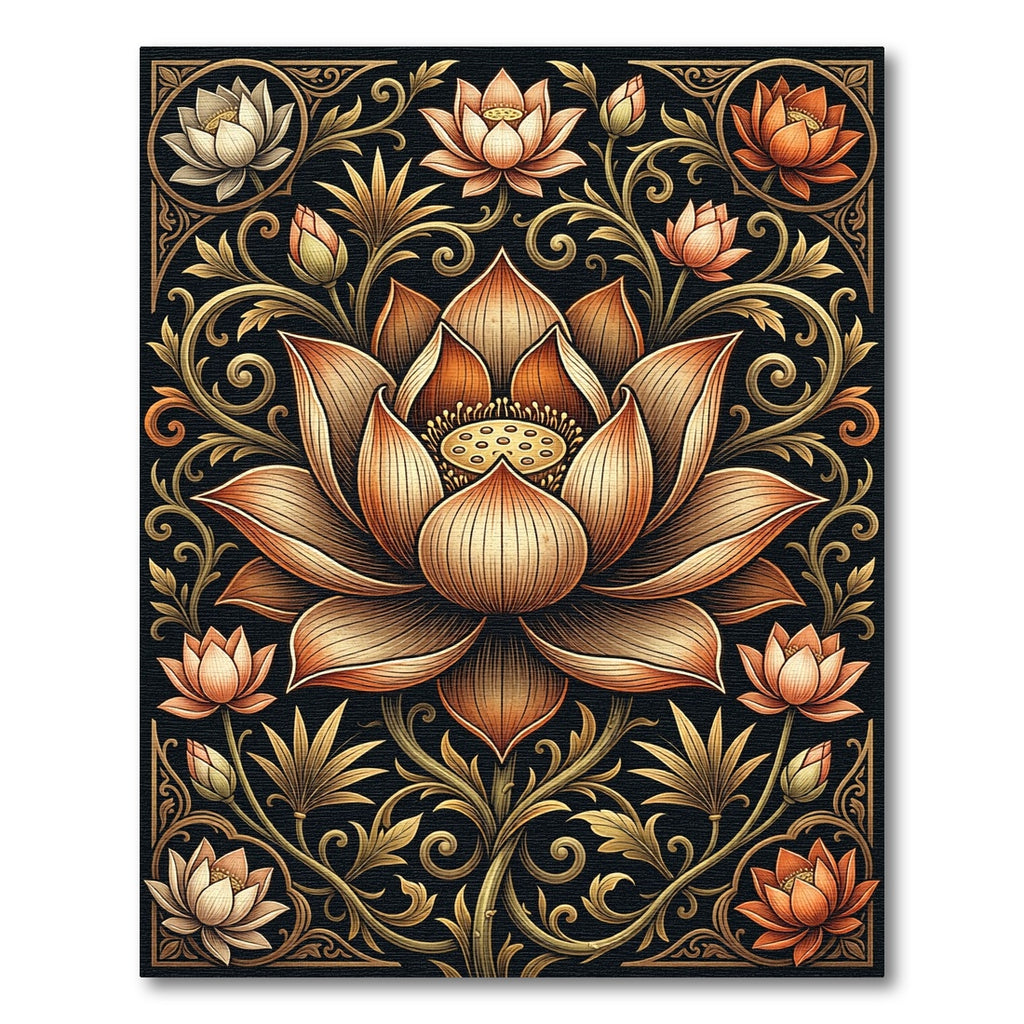 Ornate Golden Lotus Botanical Art Rug