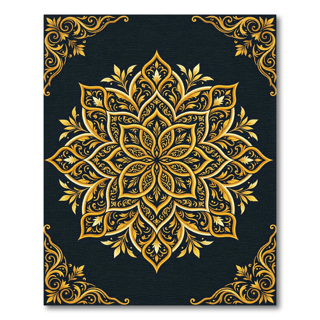 Ornate Golden Floral Mandala Ink Rug