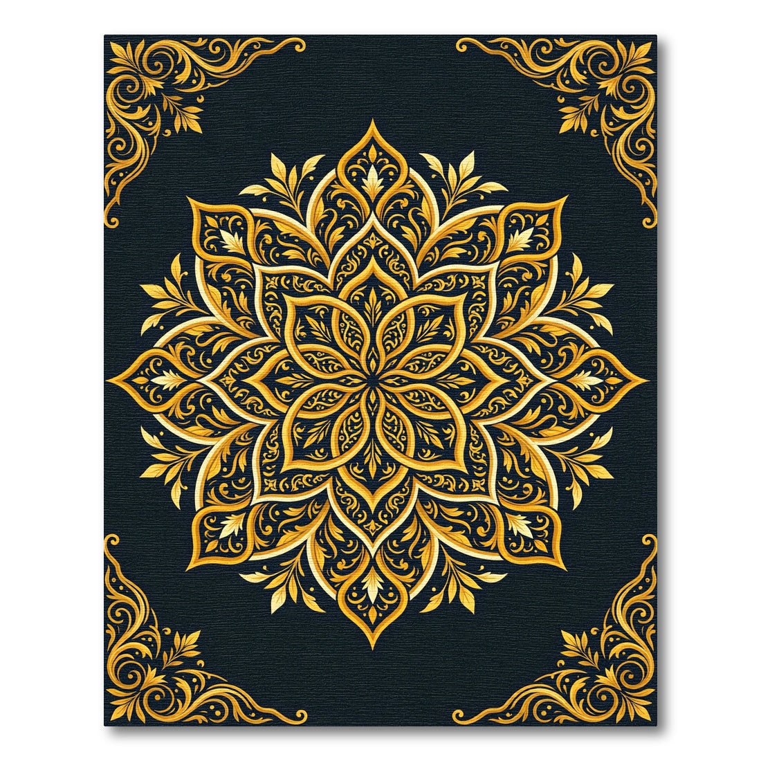 Ornate Golden Floral Mandala Ink Rug