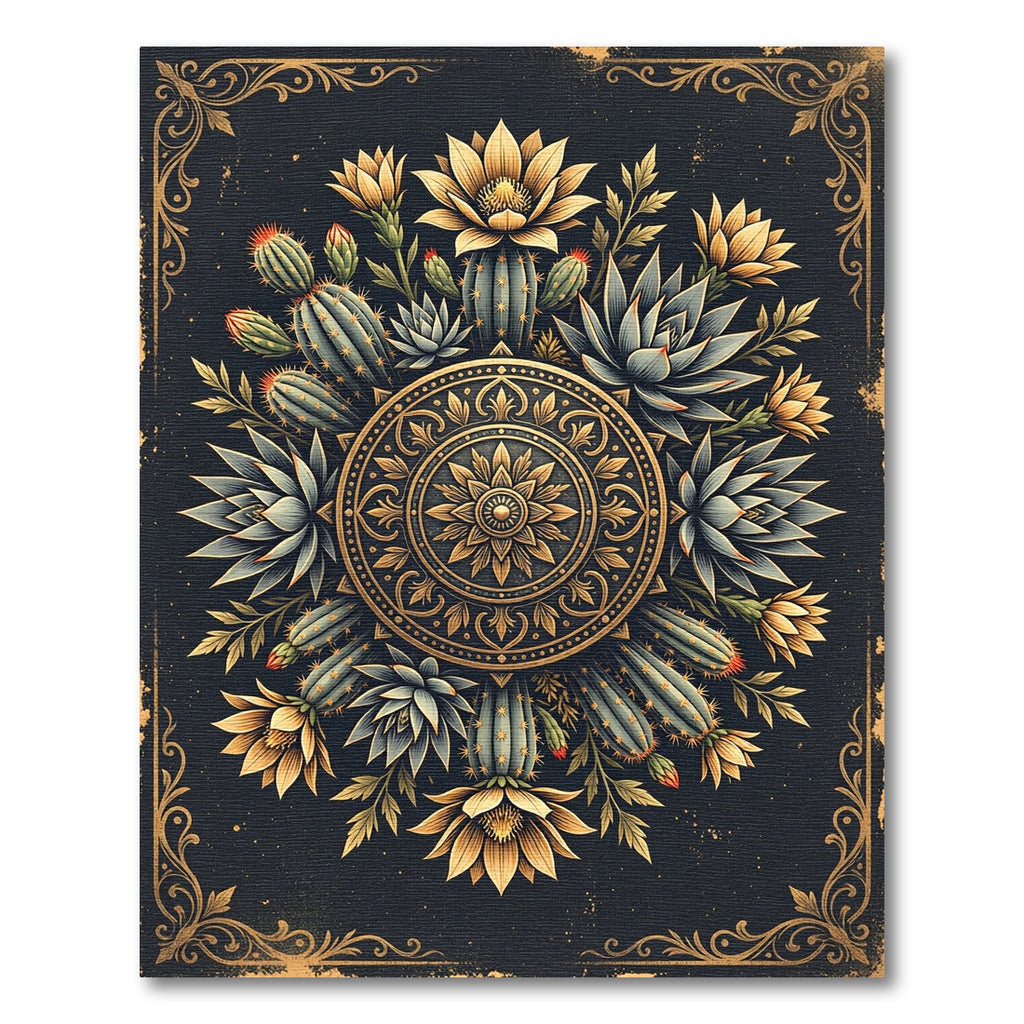 Ornate Golden Cactus Succulent Mandala Rug