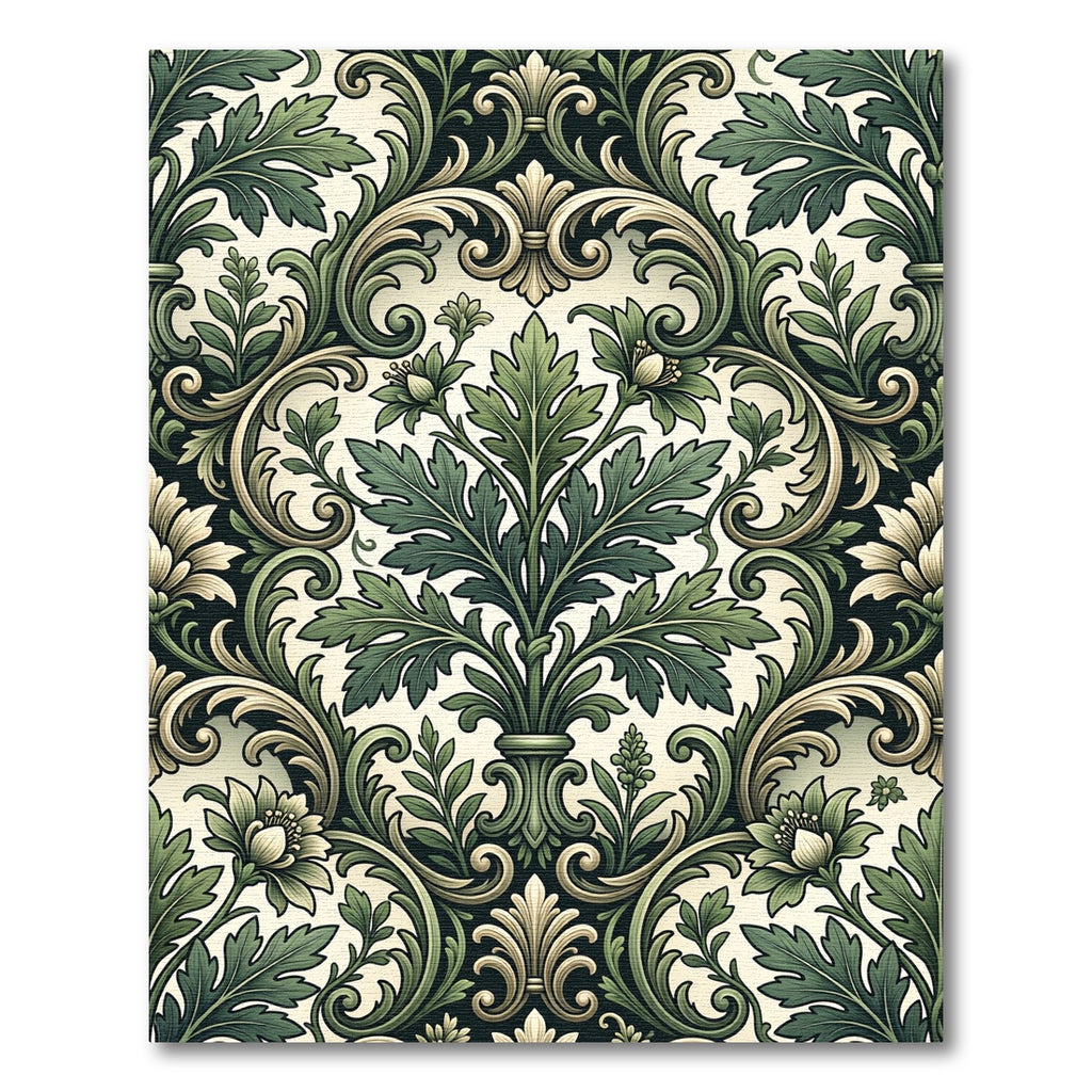 Elegant Sage Damask Scroll Leaf Illustration Rug