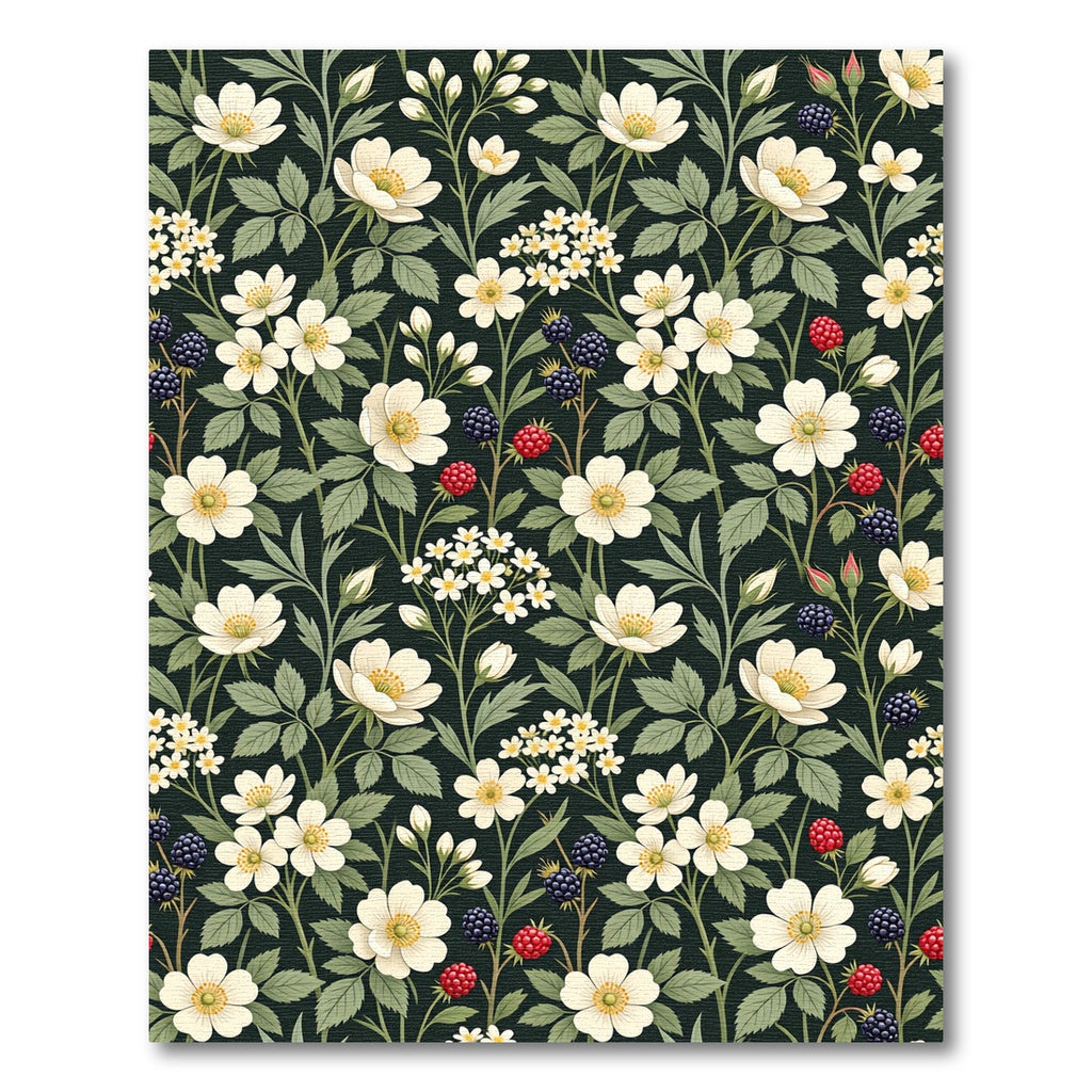 Botanical Blackberry White Wildflower Dark Canvas Rug