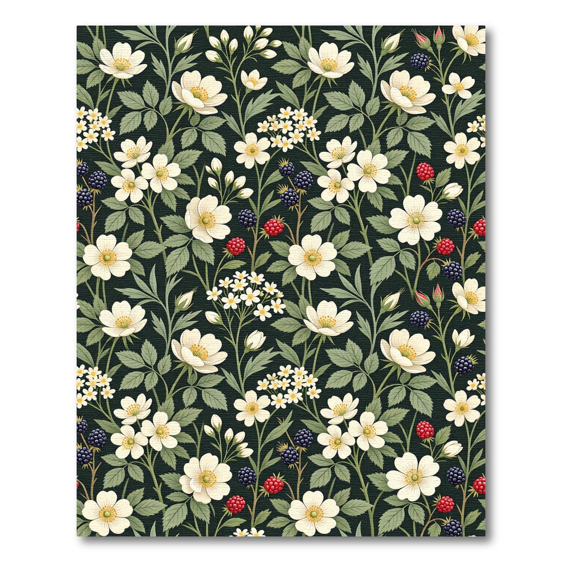 Botanical Blackberry White Wildflower Dark Canvas Rug