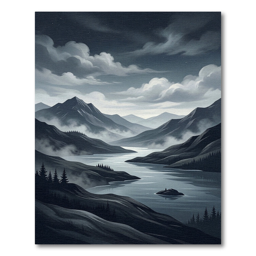 Misty Mountain Lake Twilight Landscape Rug