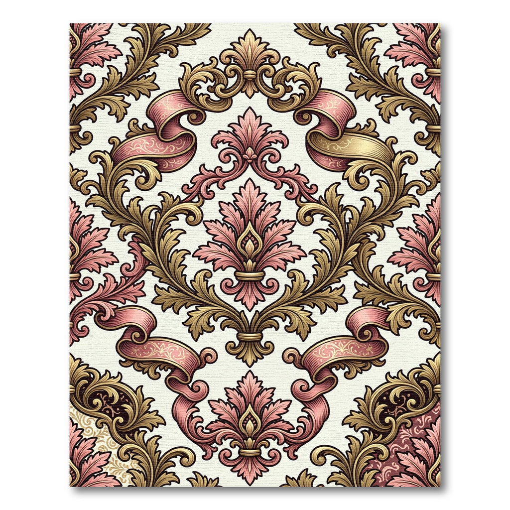 Elegant Pink and Gold Damask Scroll Rug