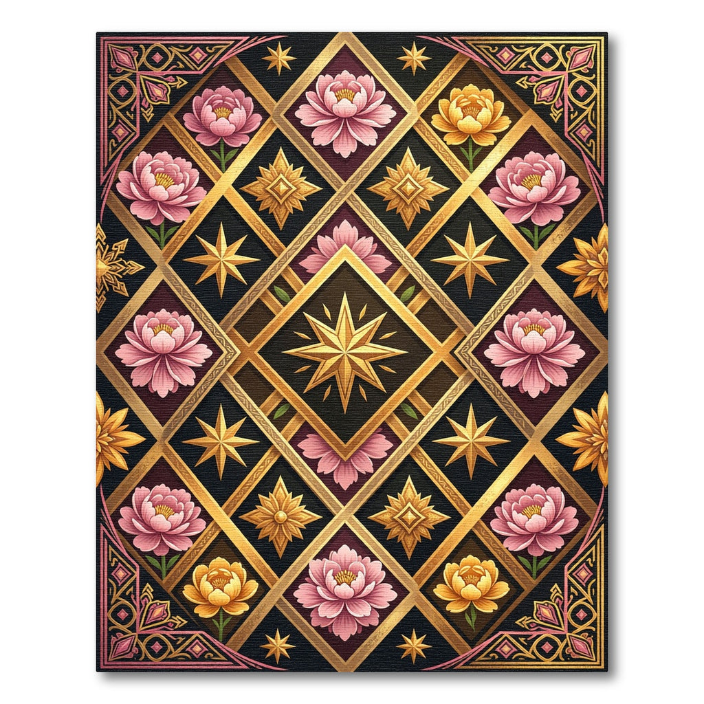 Elegant Gold Floral Diamond Star Art Rug