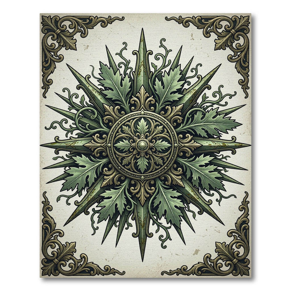 Ornate Sage Botanical Compass Medallion Rug