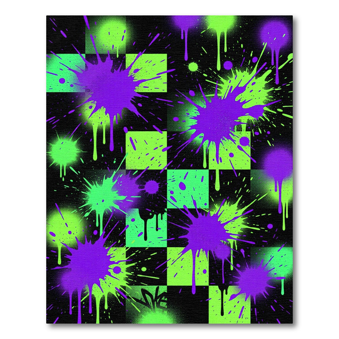Neon Purple Green Splatter Checkered Rug