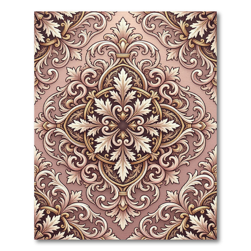 Elegant Gold Leaf Scrollwork Medallion Rug