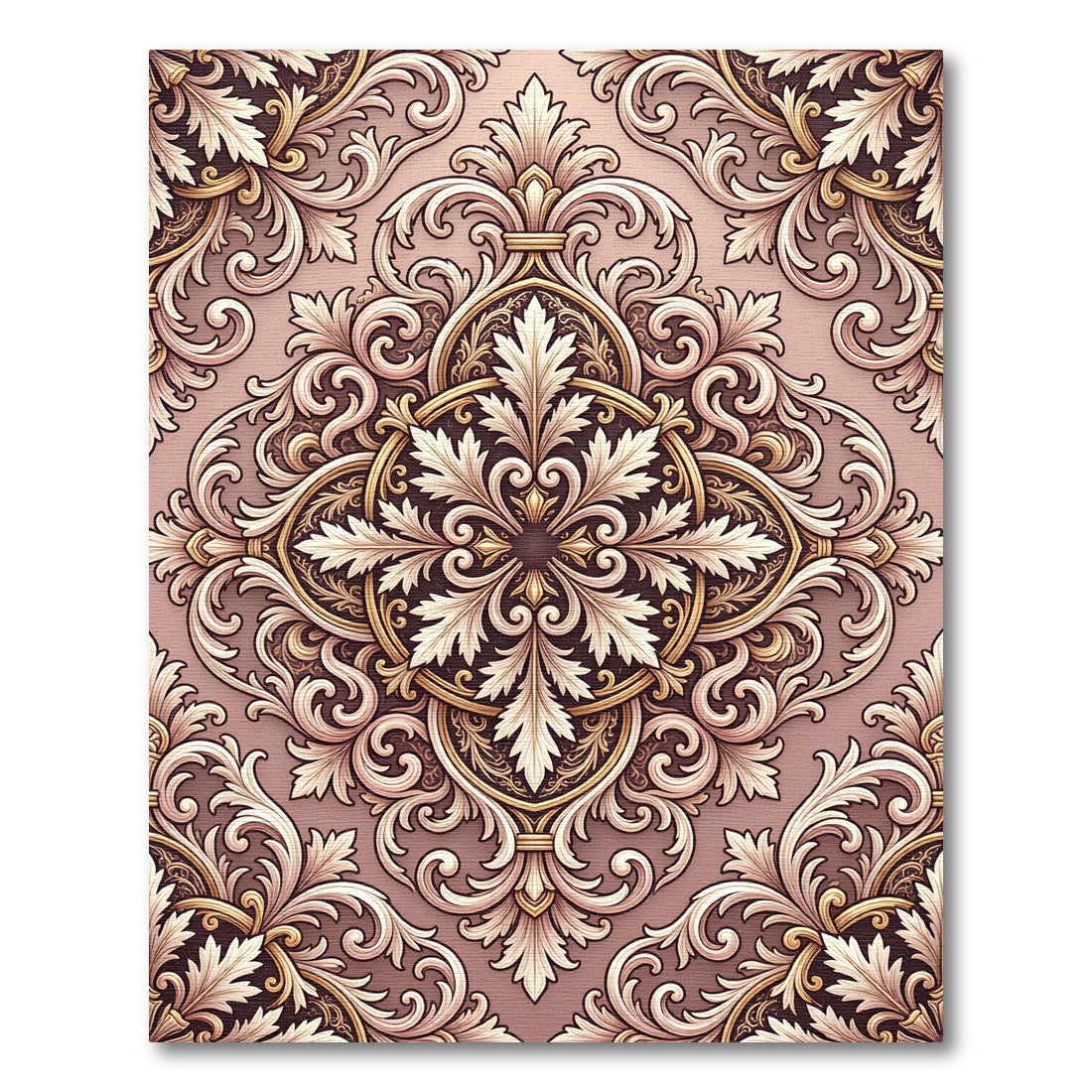 Elegant Gold Leaf Scrollwork Medallion Rug