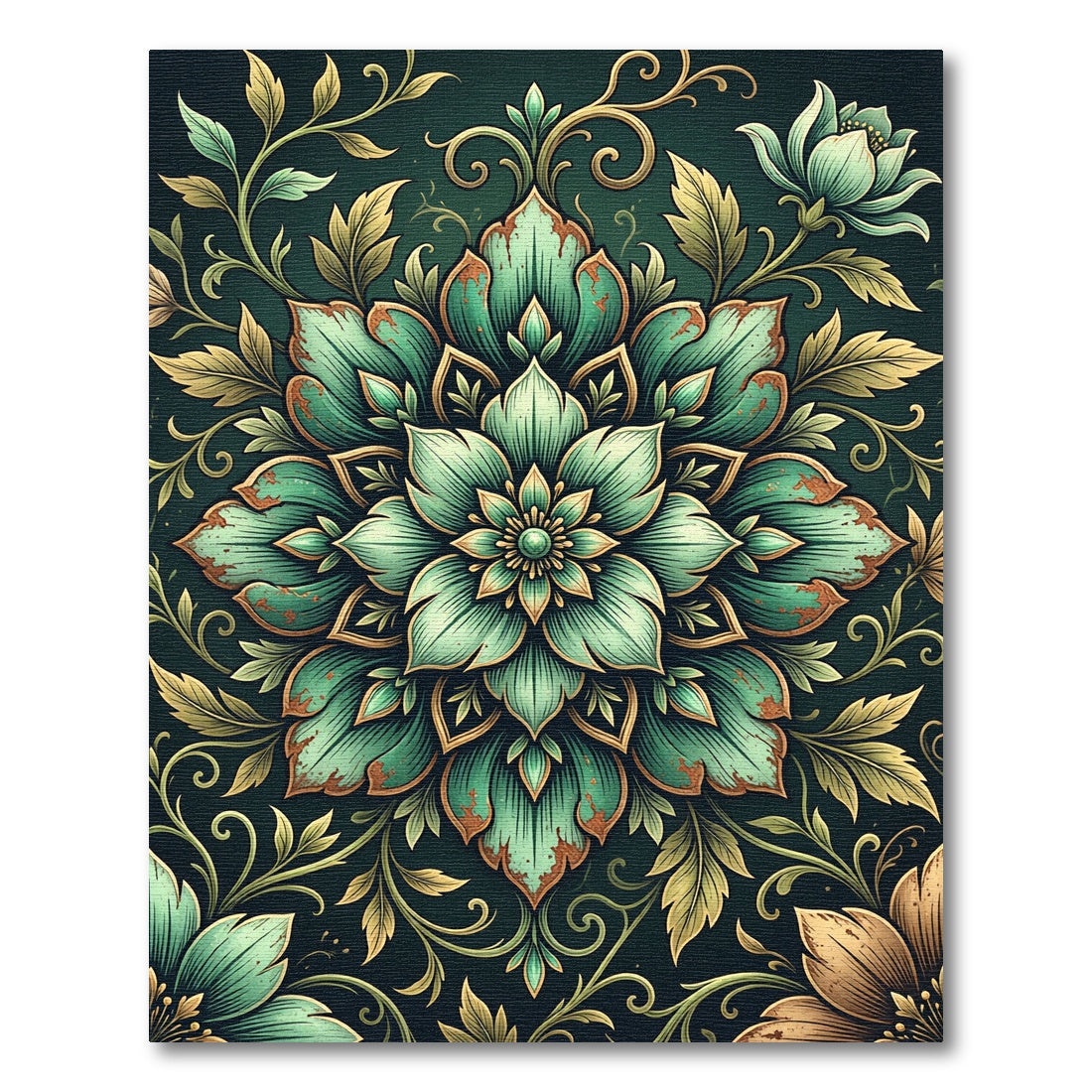 Antique Teal Floral Medallion Scroll Rug