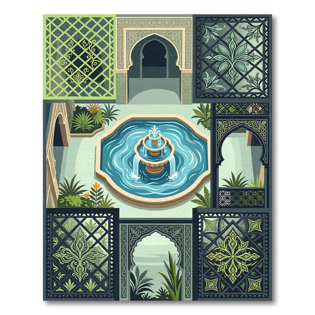 Green Geometric Courtyard Fountain Medallion Rug