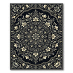 Cream Floral Scrollwork Black Rug
