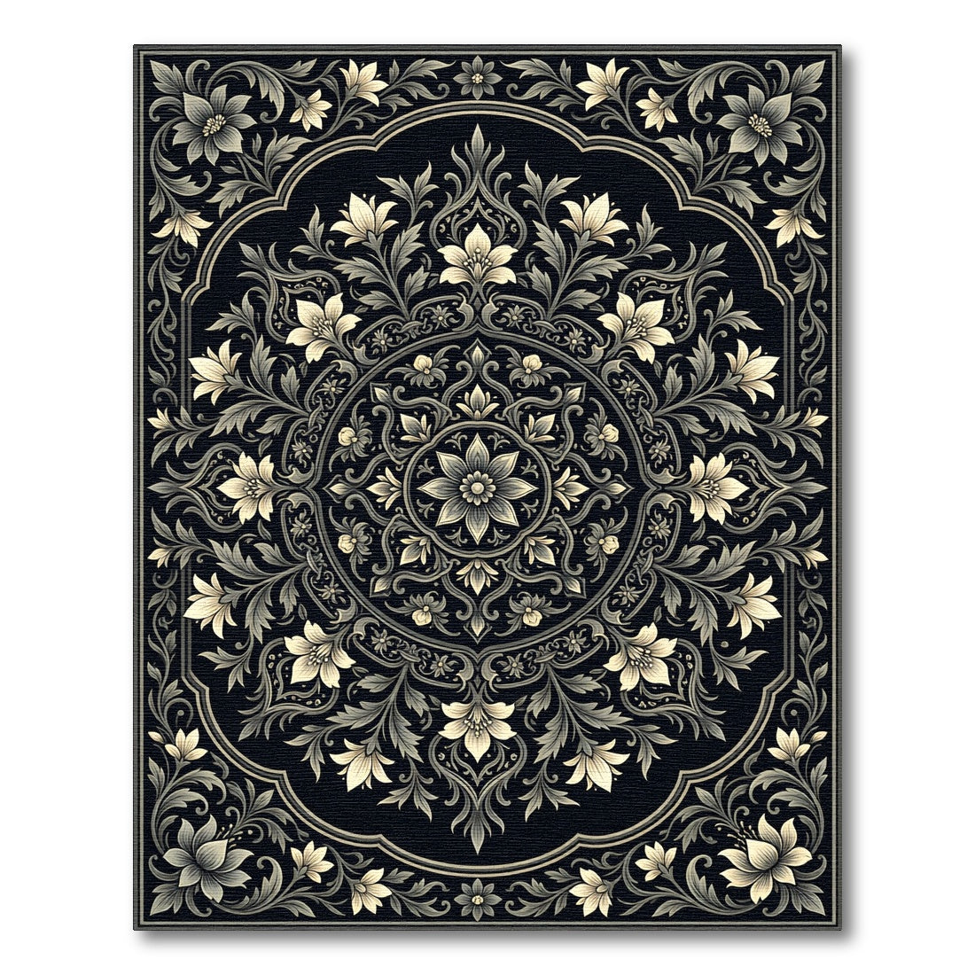 Cream Floral Scrollwork Black Rug