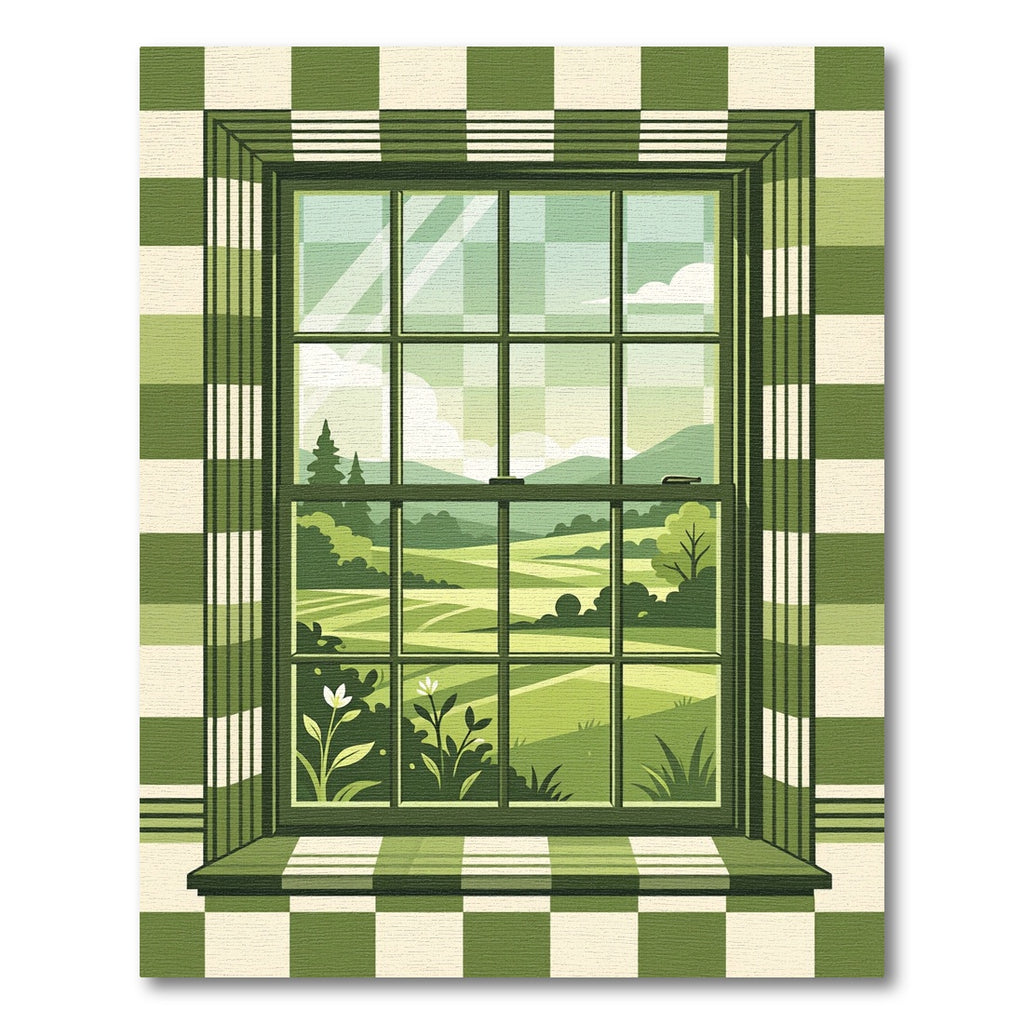 Sage Green Checkered Window Scenic Landscape Rug