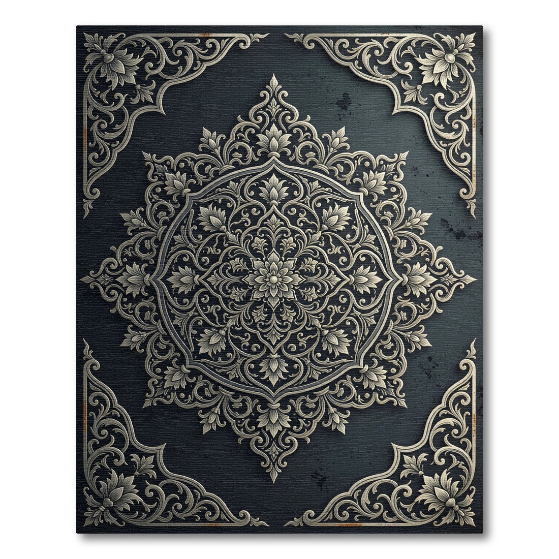 Ornate Silver Floral Medallion Charcoal Backdrop Rug
