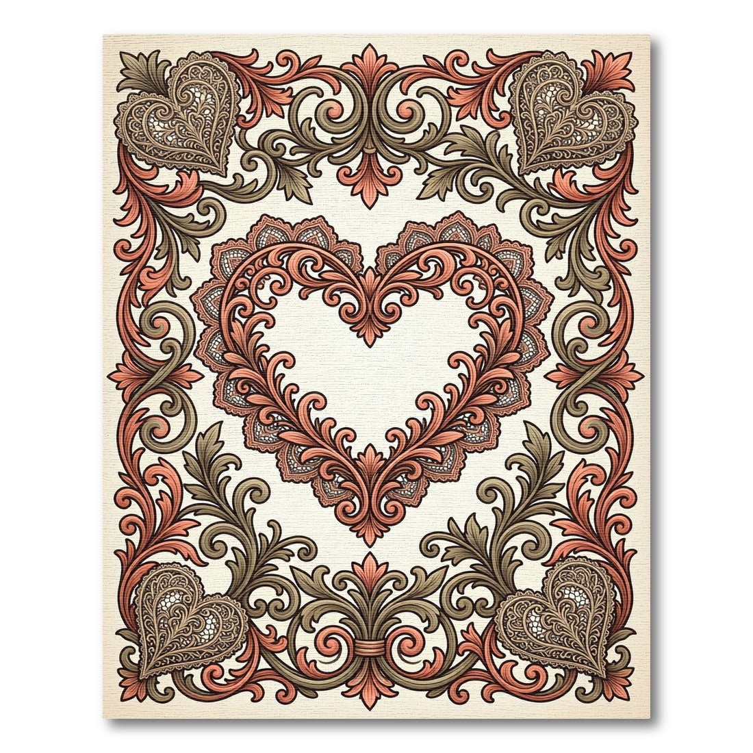 Ornate Coral Heart Vine Scroll Rug