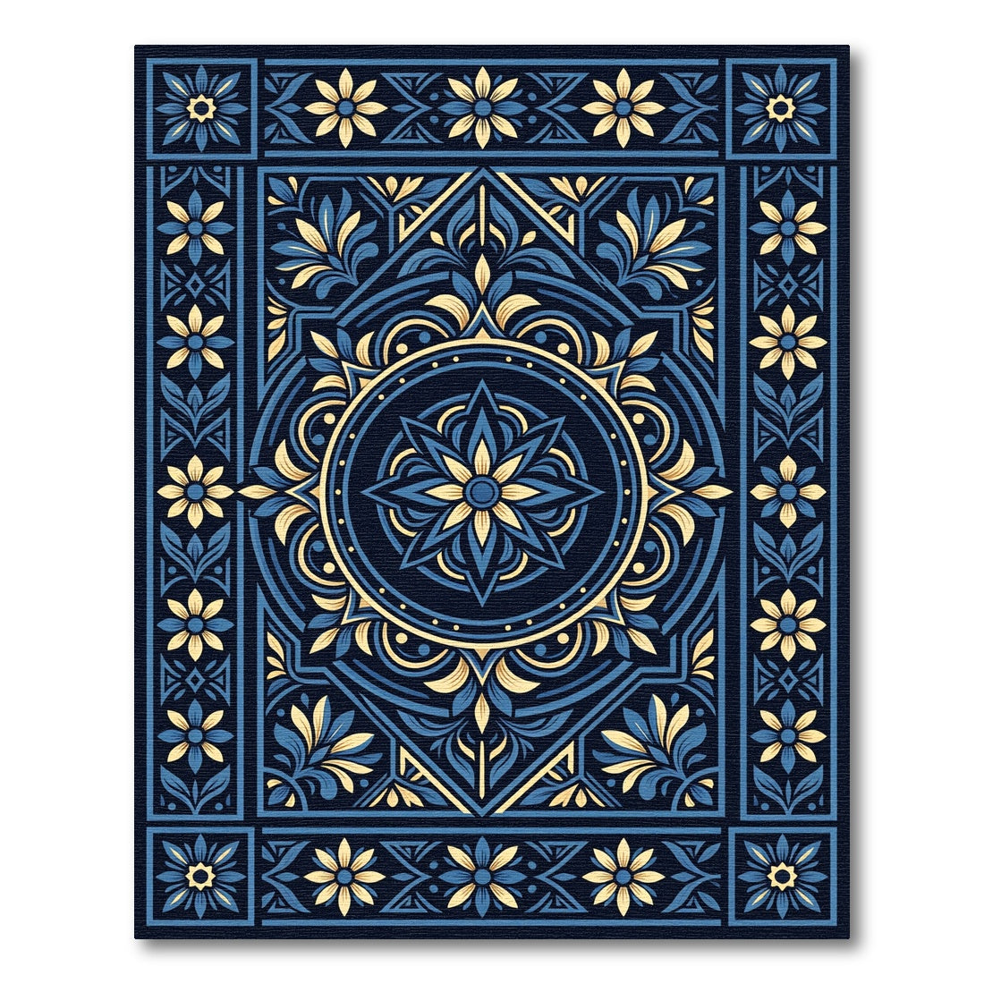 Navy Blue Golden Floral Mandala Rug