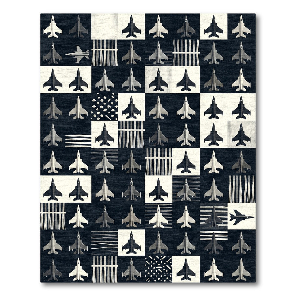 Monochrome Jet Aircraft Geometric Grid Rug