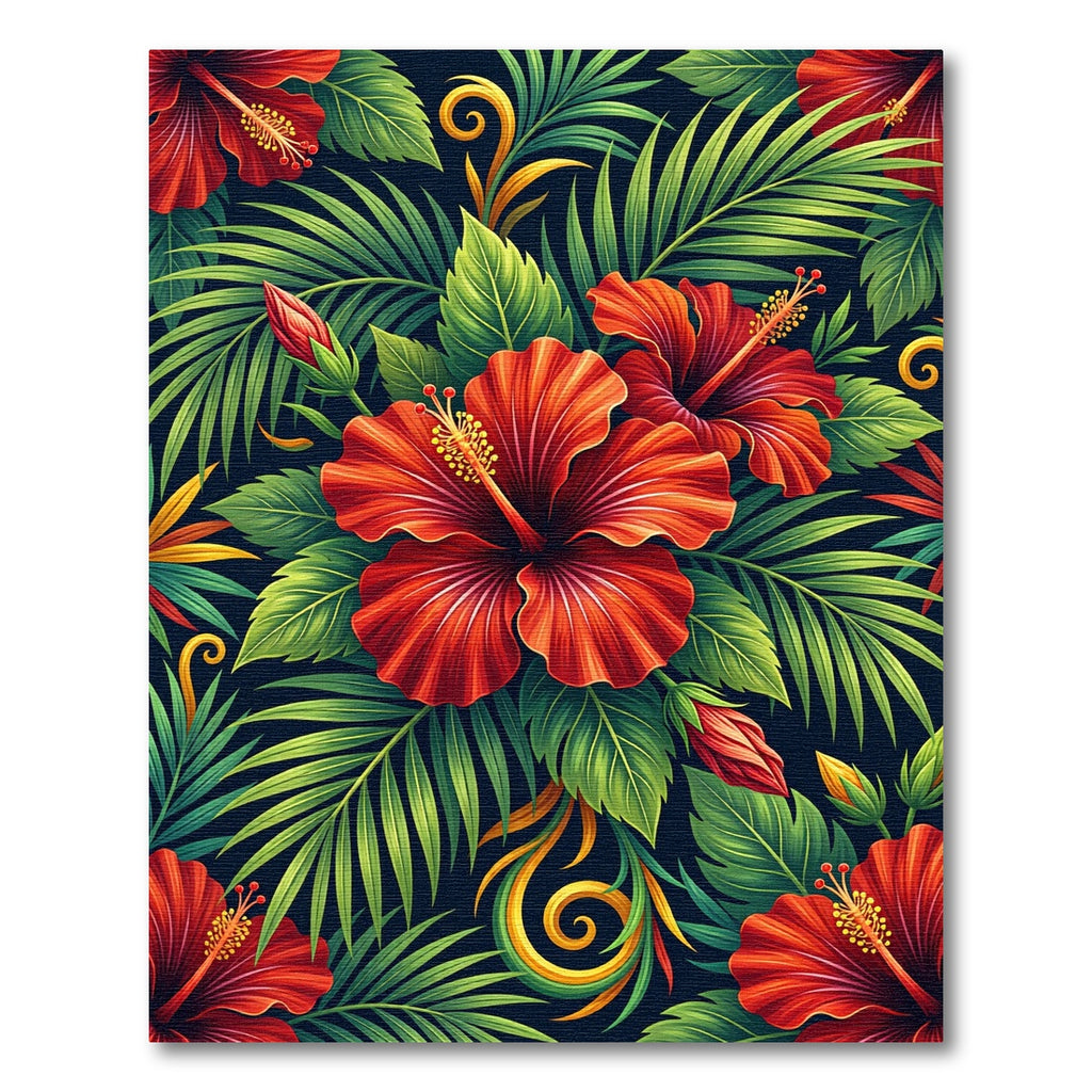 Vibrant Red Hibiscus Tropical Leaves Rug