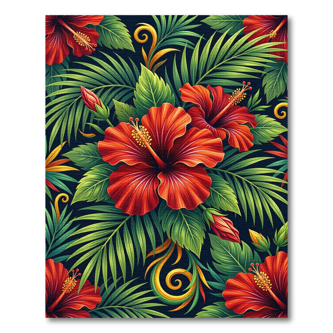 Vibrant Red Hibiscus Tropical Leaves Rug