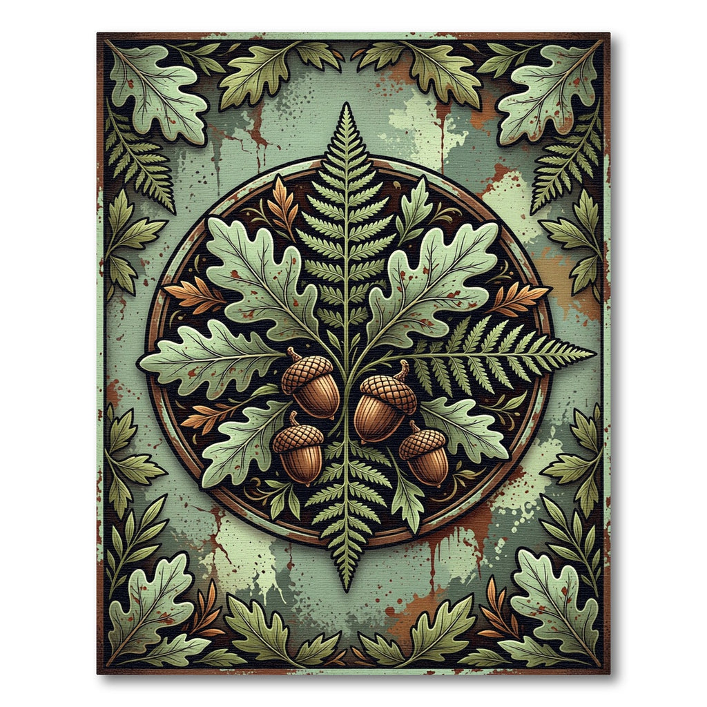 Earthy Oak Leaf Acorn Fern Medallion Rug