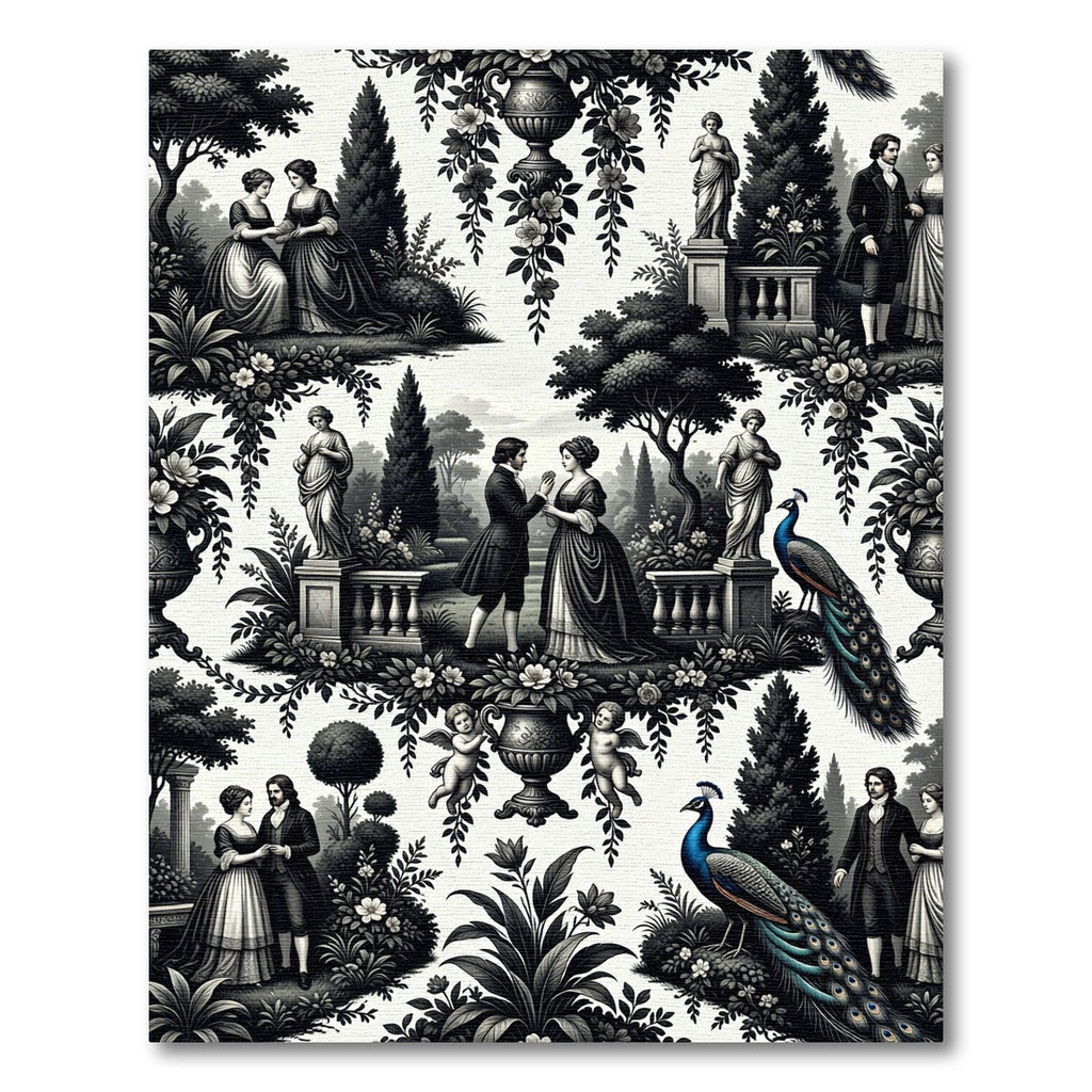 Vintage Black White Court Garden Scene Rug