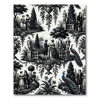 Vintage Black White Court Garden Scene Rug