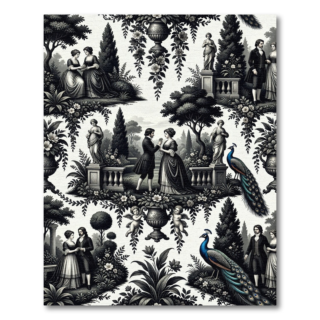 Vintage Black White Court Garden Scene Rug