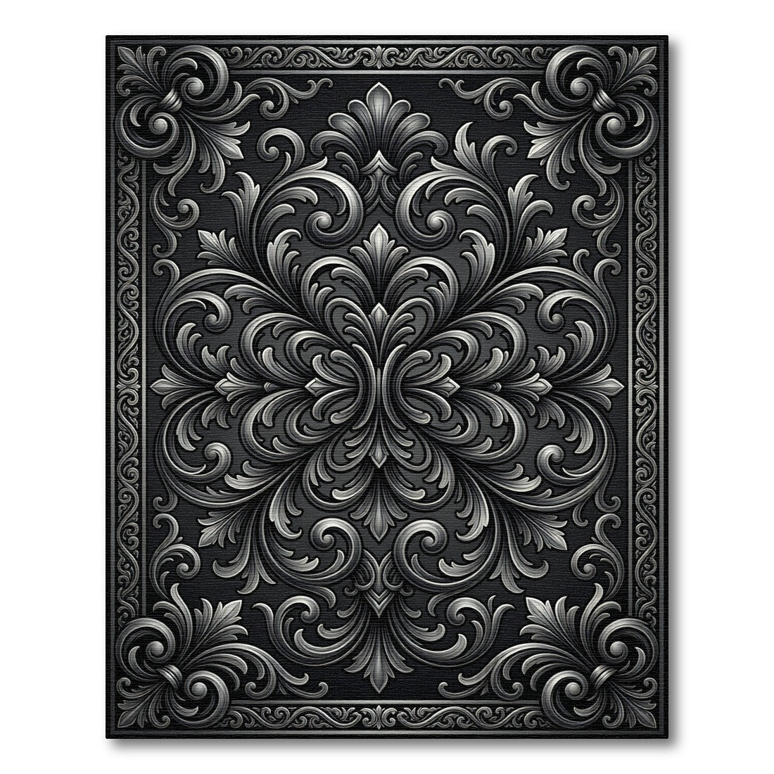 Ornate Silver Floral Scrollwork Rug