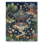 Elegant Pavilion Garden Midnight Botanical Art Rug