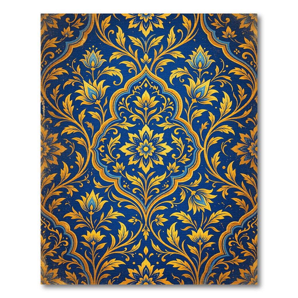 Royal Blue Golden Floral Damask Rug