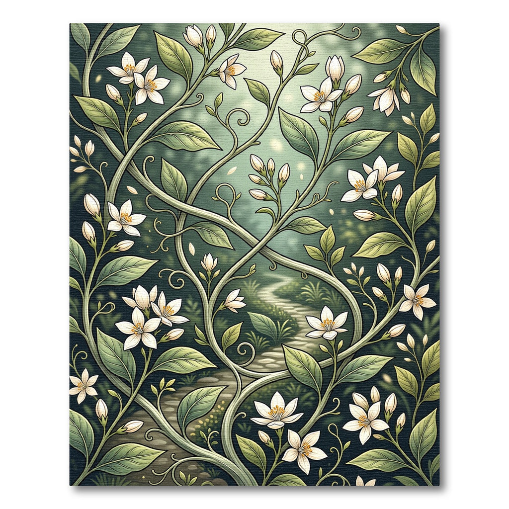 Elegant White Blossom Green Botanical Vine Rug
