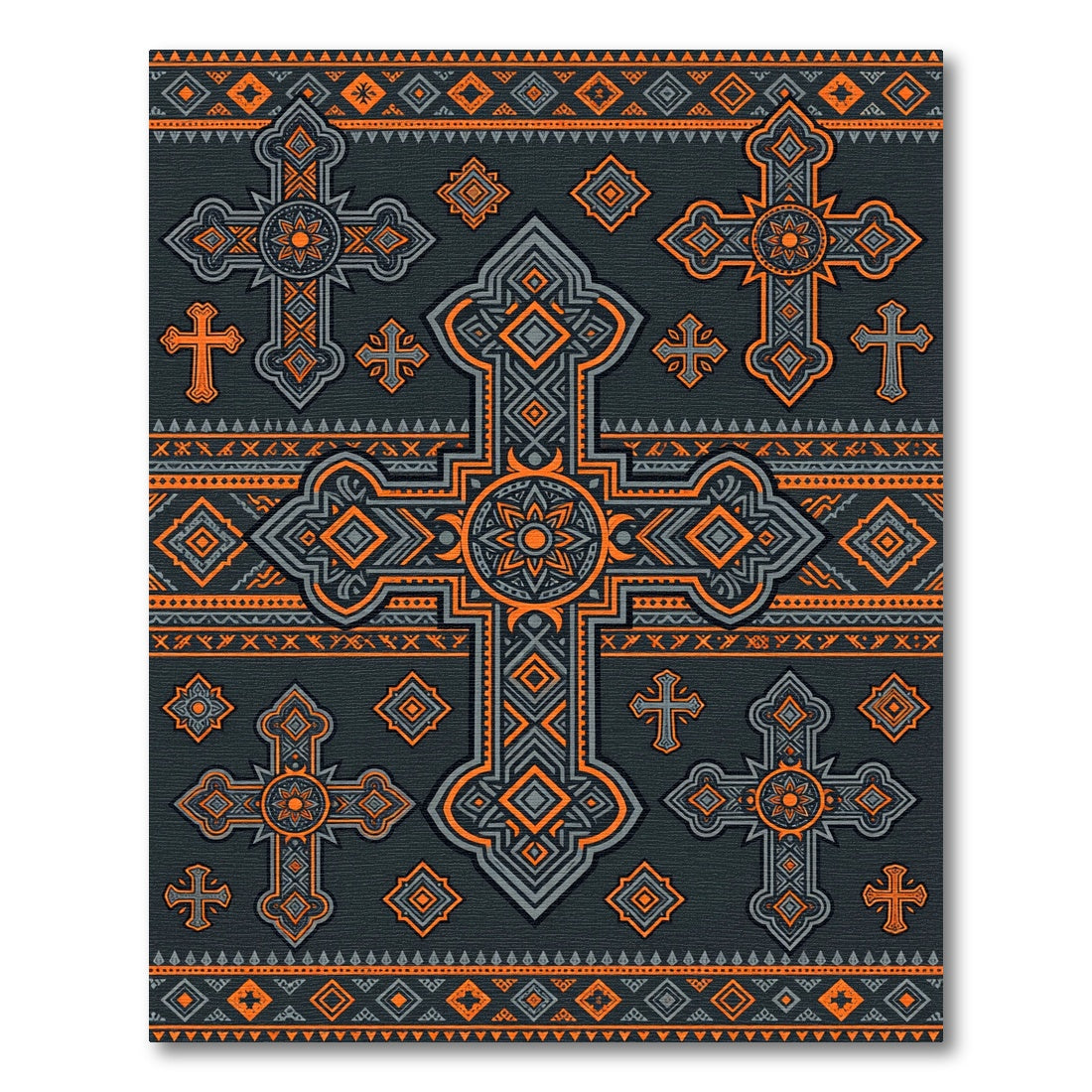 Ornate Charcoal and Orange Cross Emblem Rug