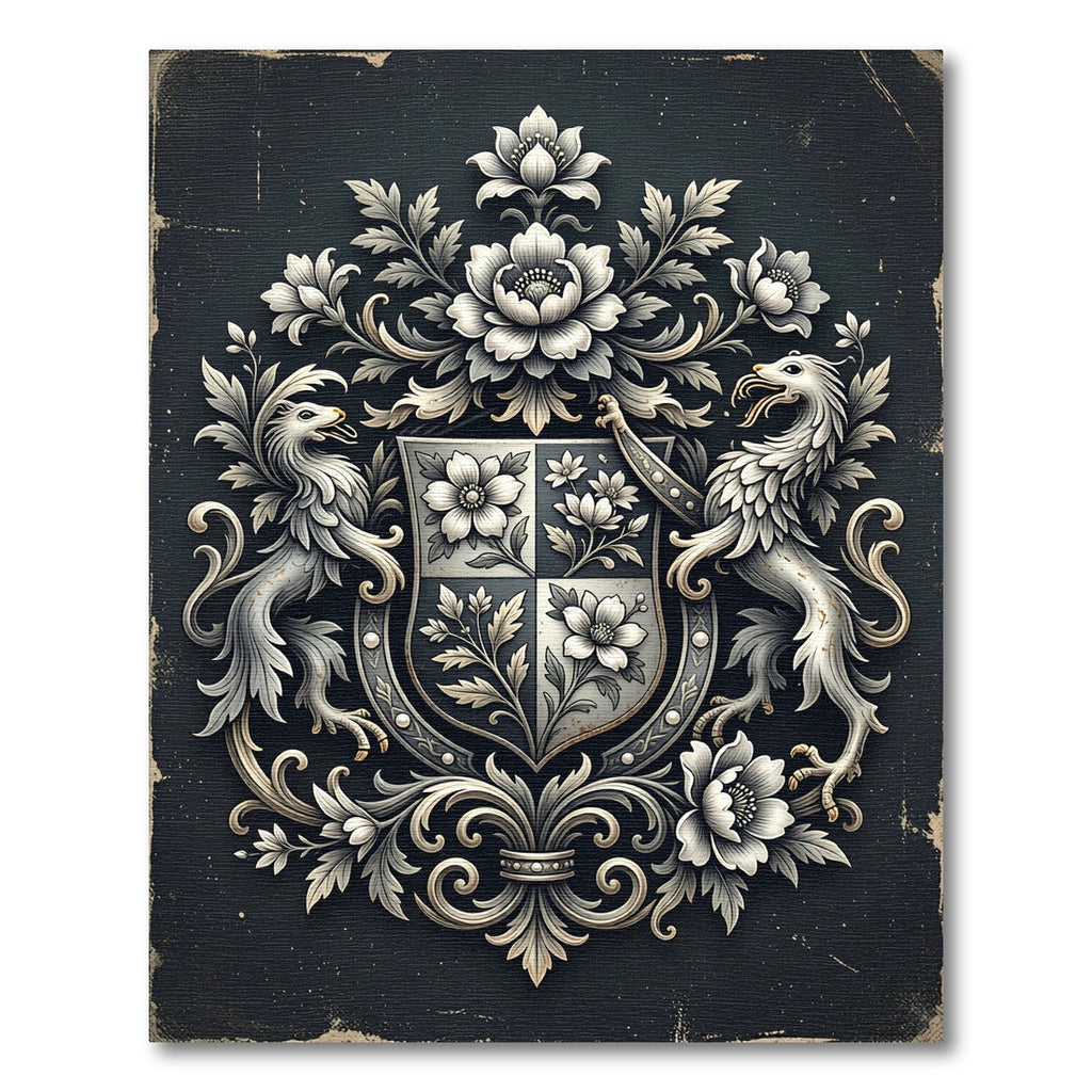 Monochrome Floral Crest Heraldic Emblem Rug