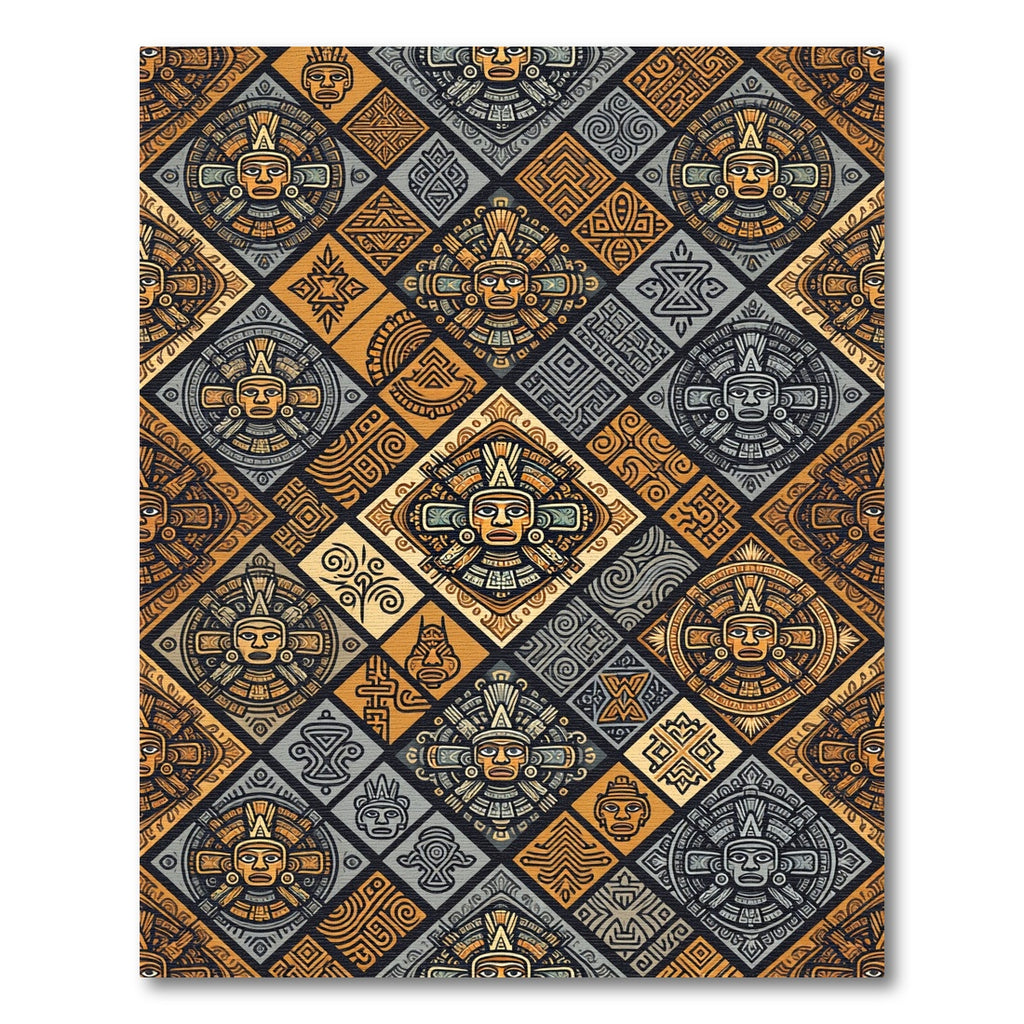 Golden Earth Tone Jaguar Mask Tile Rug