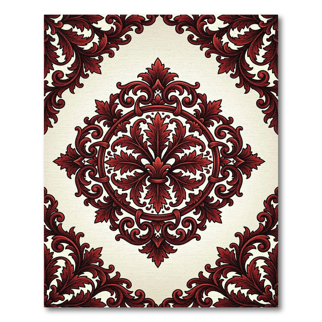 Crimson Baroque Scrollwork Ornate Medallion Rug