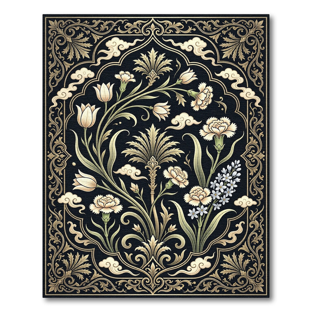 Elegant Black Gold Floral Botanical Garden Rug