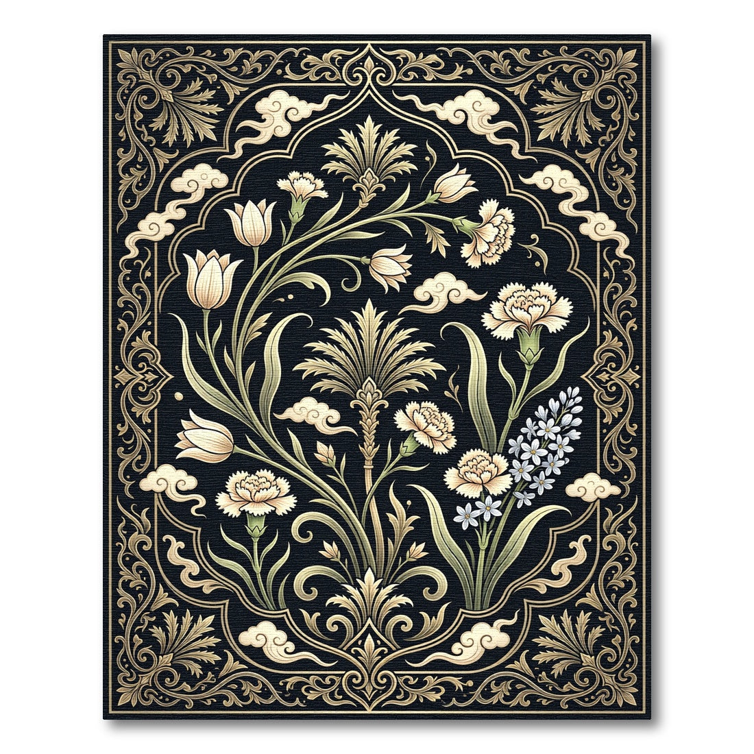 Elegant Black Gold Floral Botanical Garden Rug