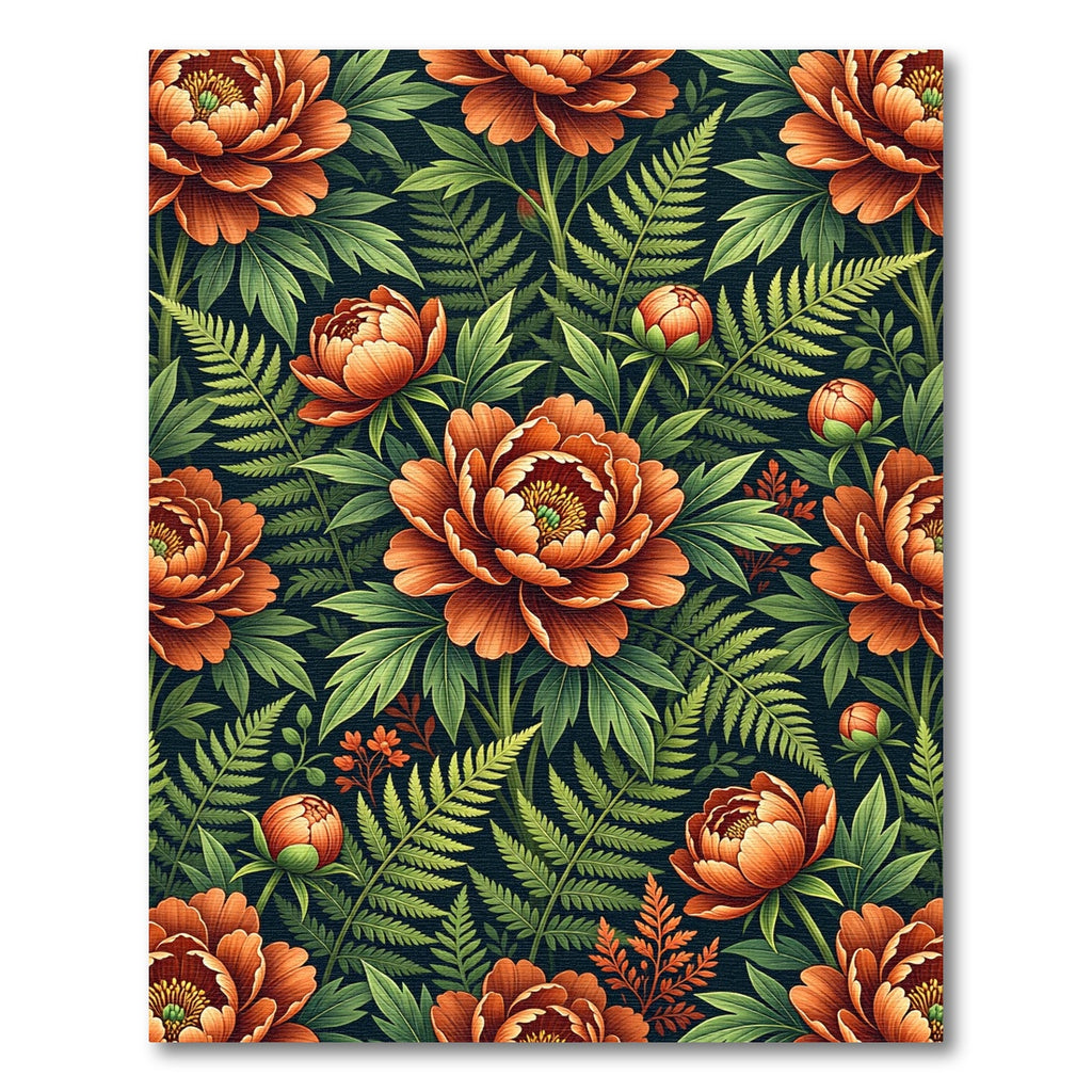 Vibrant Terracotta Peony Fern Botanical Composition Rug