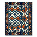 Orange Floral Navy Geometric Diamond Tile Rug