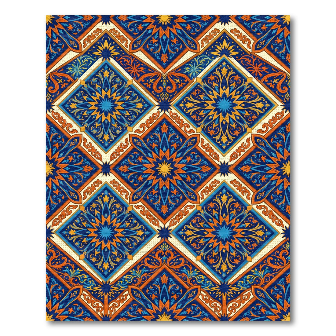 Vibrant Blue Orange Geometric Floral Medallion Rug