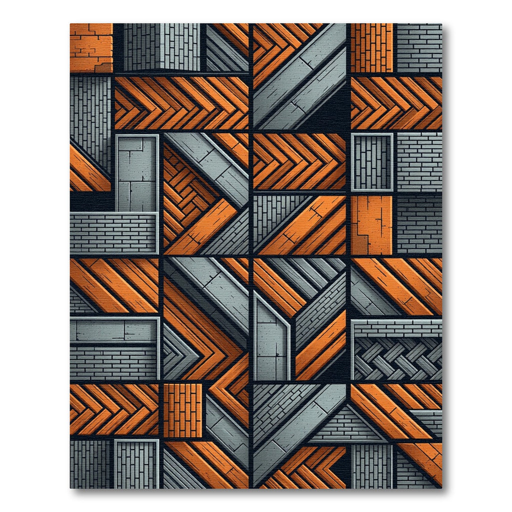 Orange Gray Geometric Wood Plank Composition Rug