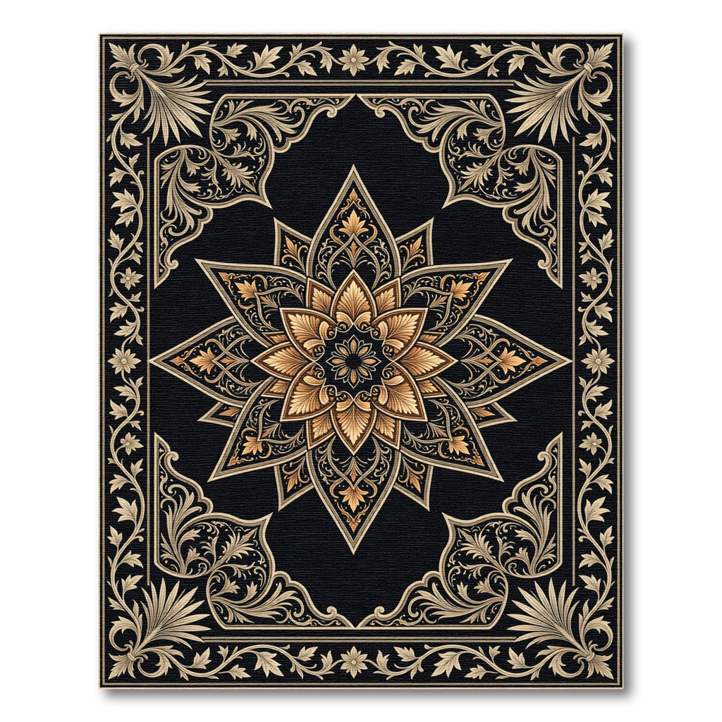Ornate Gold Black Floral Medallion Rug
