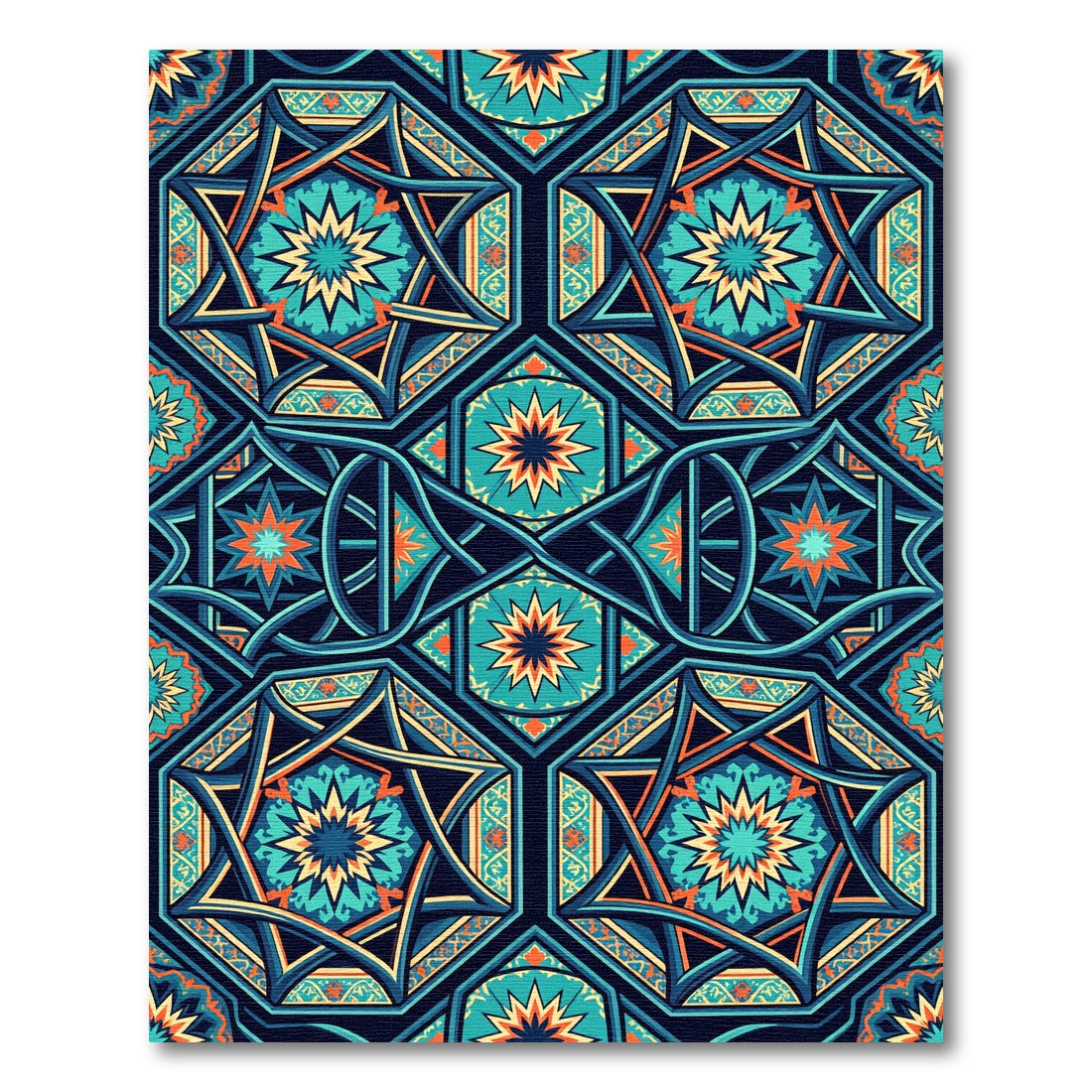 Intricate Teal and Orange Geometric Star Rug