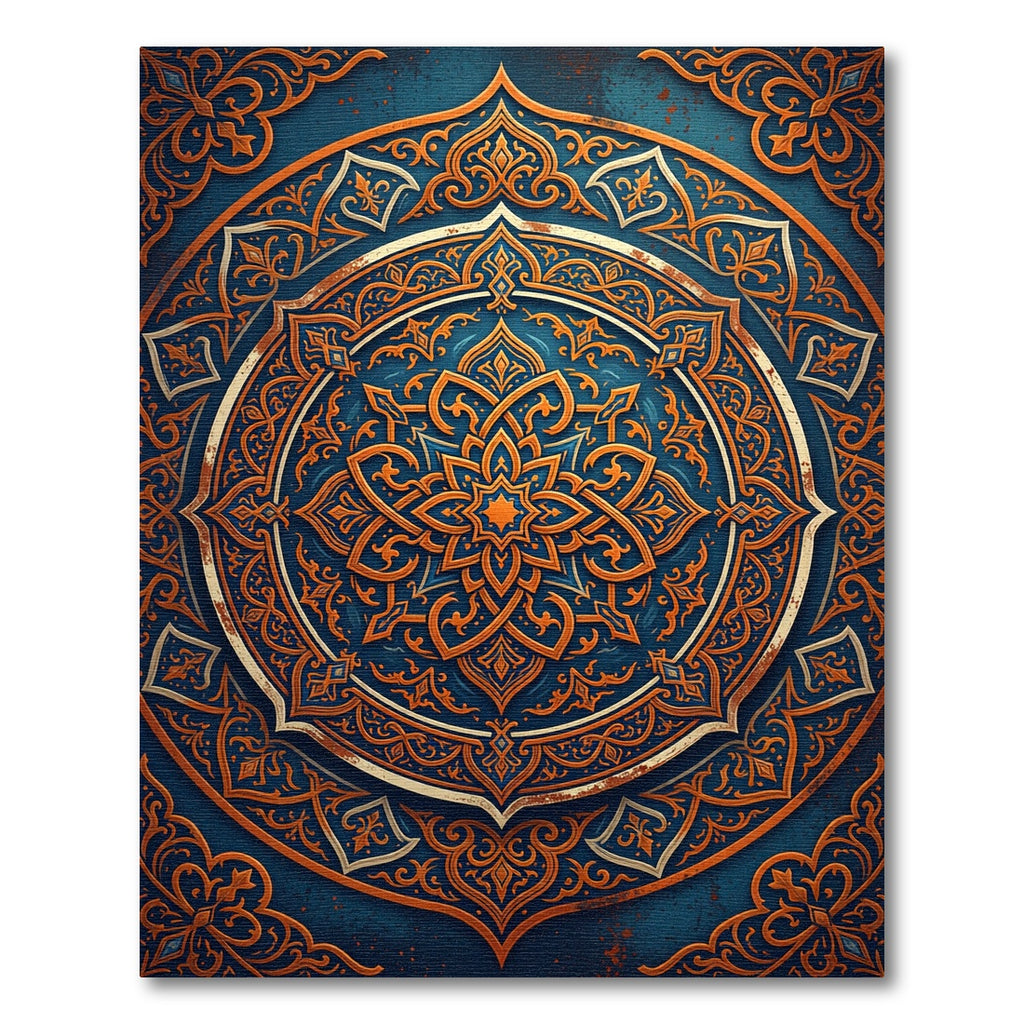 Ornate Blue Orange Mandala Geometric Rug