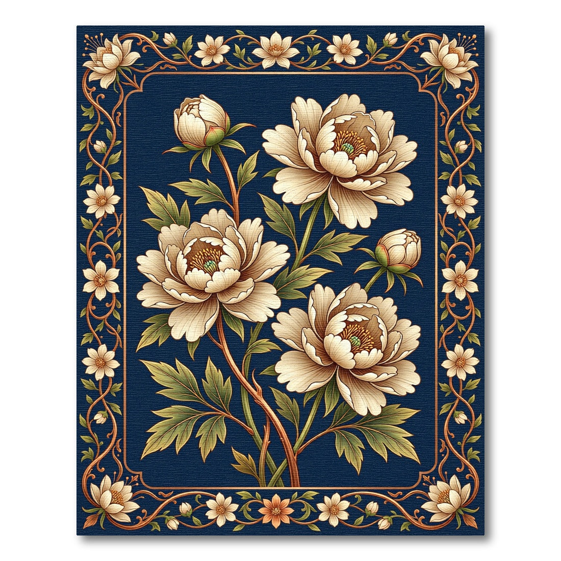 Elegant Cream Peony Navy Rectangular Frame Rug