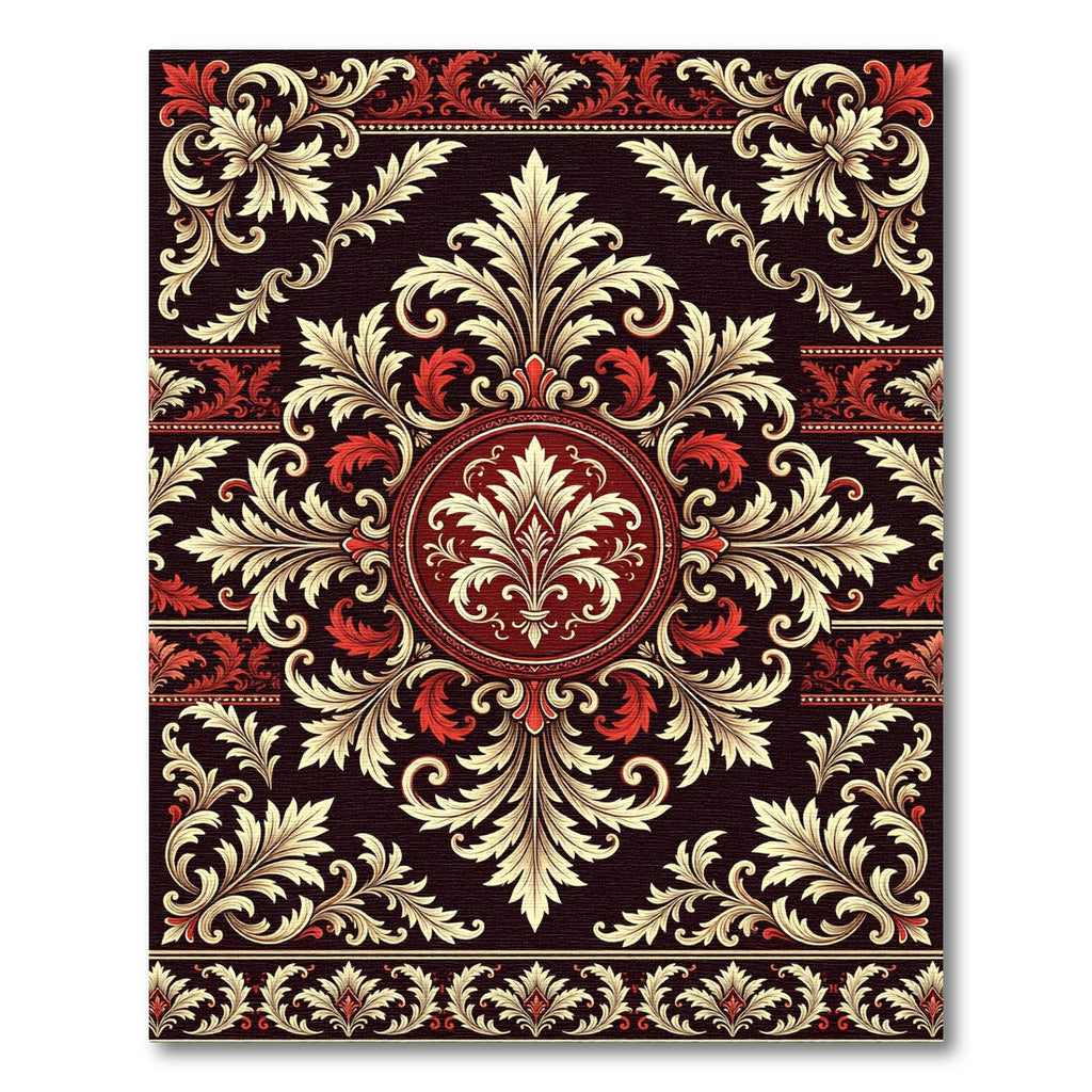 Ornate Burgundy Cream Damask Medallion Rug